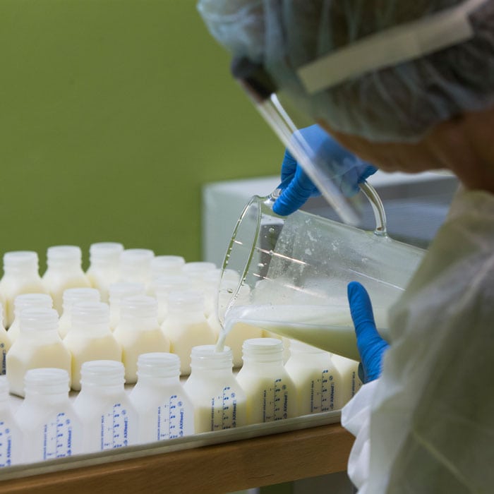 Milk is poured into sterile, BPA free bottles and closed with tamper resistant caps.