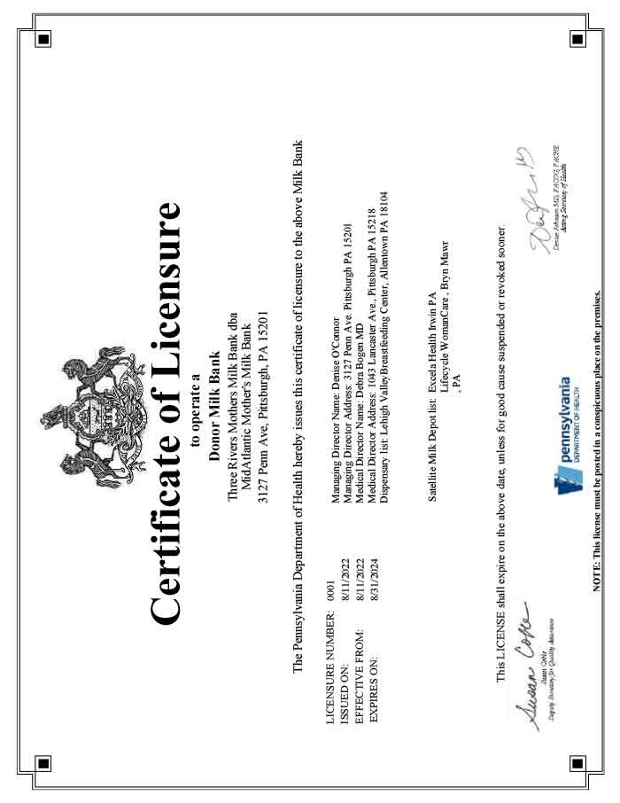 PA Milk Bank license