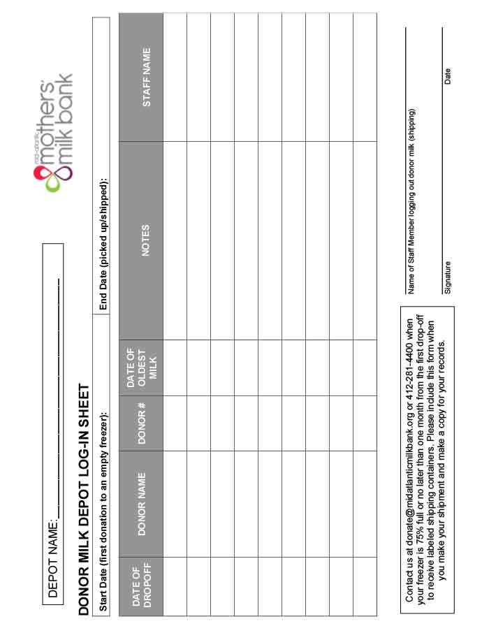Donor Milk Log-In Sheet