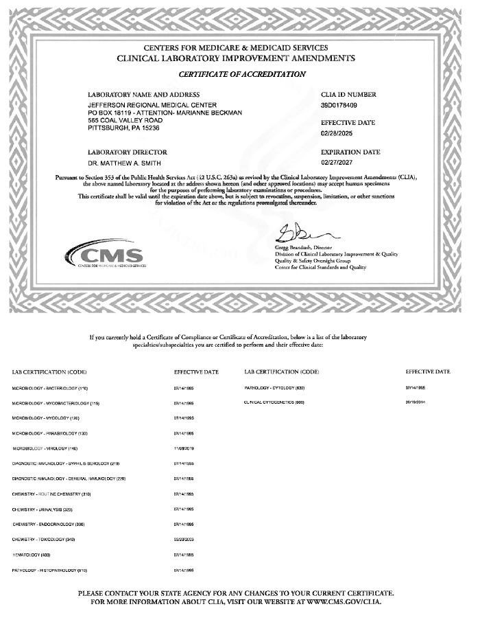 Jefferson Regional Medical Center Clinical Laboratory Improvement Amendments Certificate