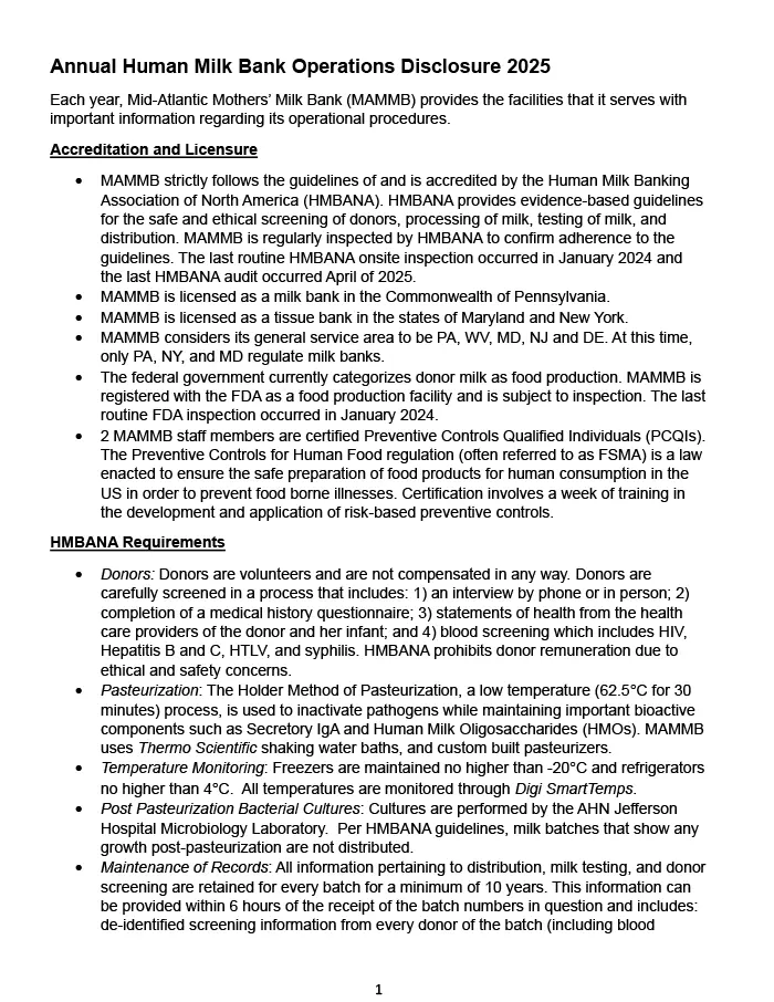 Milk Bank Operations Disclosure 2025