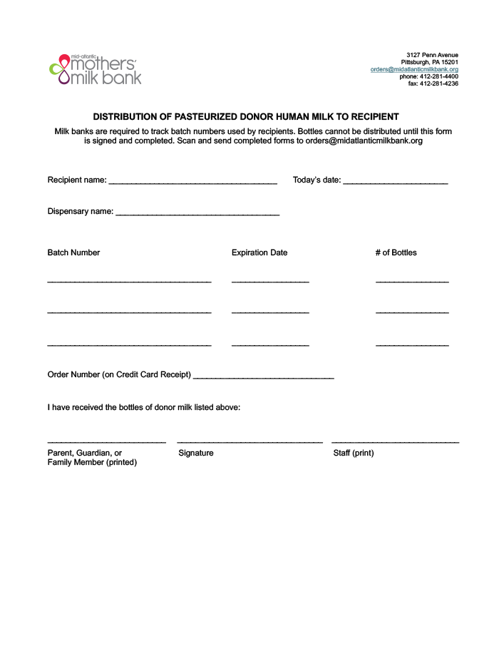Pasteurized Donor Human Milk Distribution Form