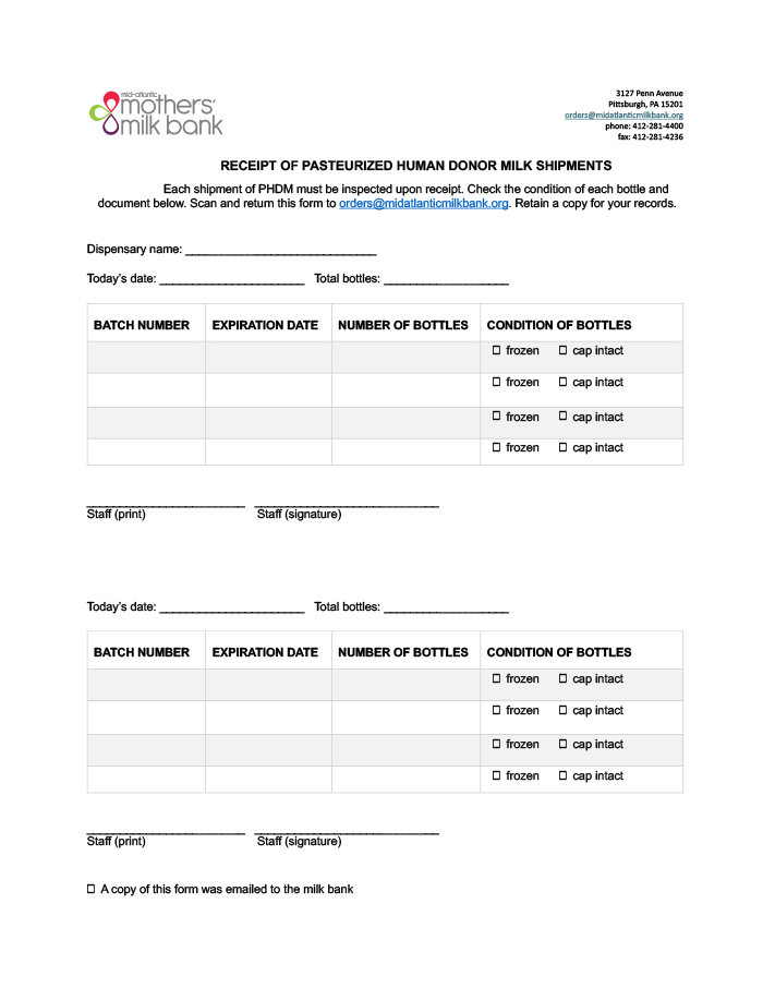 Pasteurized Donor Human Milk Shipment Inspection Form